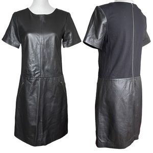 Halogen Leather Dress S Genuine Mixed Media Panel Short Sleeve Crew Neck Sheath